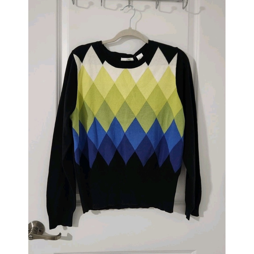 Lizgolf Women's Argyle Knit Sweater Pullover Round Neck Long Sleeve Cotton Sz XL